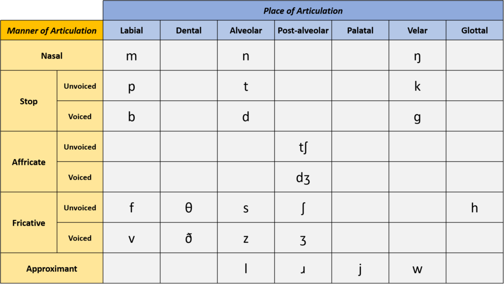 A table showing the full range of consonants found in English, organized by the location of the vocal tract where they are articulated, and the manner in which they are articulated.