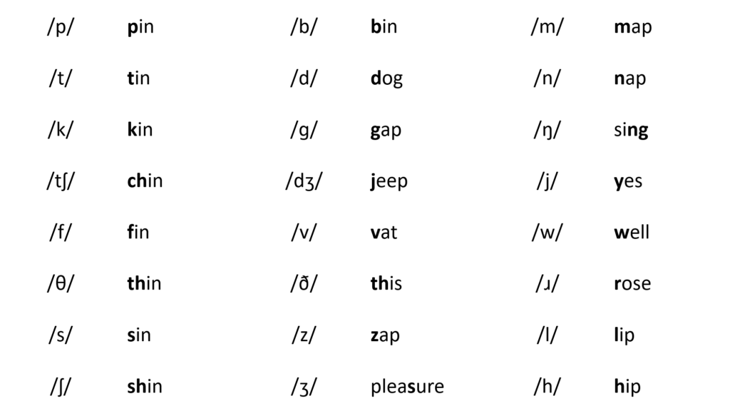 A diagram showing examples of English words for each consonant used in the English language. IPA symbols are used for certain phonemes that do not have separate graphemes to represent them.