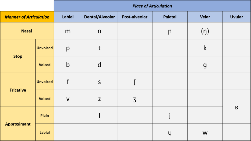 Displays a table similar to figure 2.3, showing the full range of consonants found in the French language, organized by the location of the vocal tract where they are articulated, and the manner in which they are articulated.