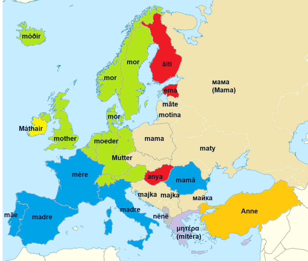 Displays a map of european nations each divided by their respective borders, and matched with the word “mother” as it exists within each nation’s language. Colours are used to group similar sounding pronunciations of the word.
