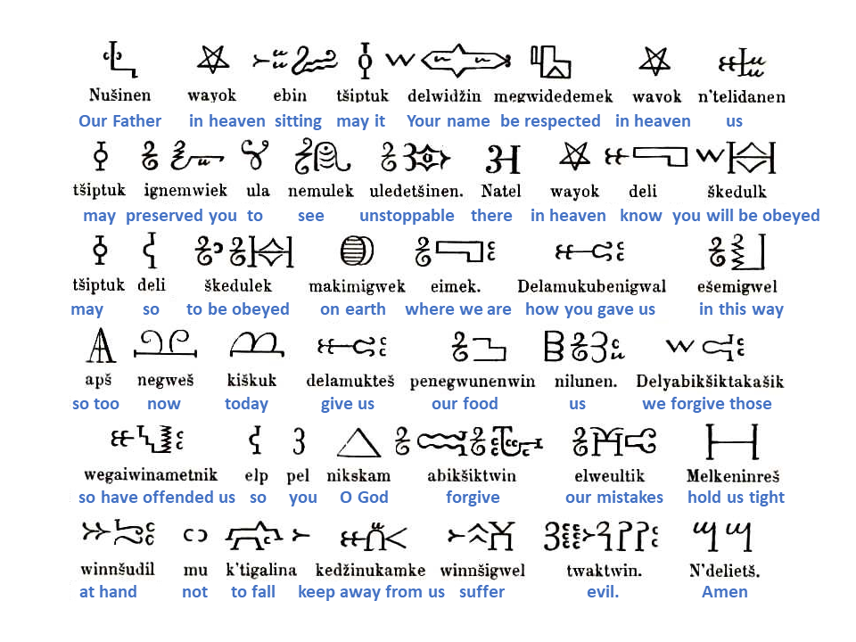 A visual image of the Lord’s Prayer using Mi’kmaw hieroglyphs created by missionaries in 1880, along with its spelling and english translation.