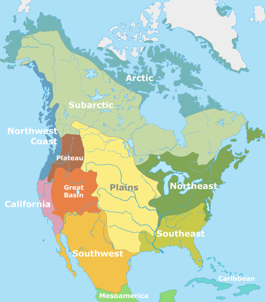 A coloured map of North America showing the six indigenous cultural regions which codify the climate, outlook, and way of life of the people in them.
