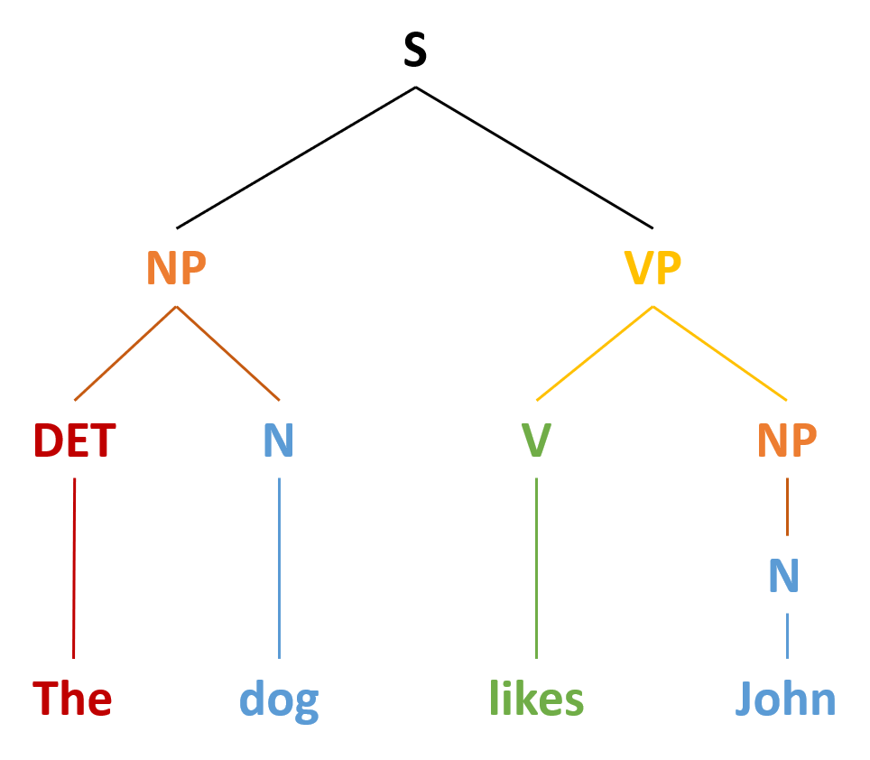 Illustrates how the English sentence “The dog likes John” can be depicted in a tree diagram, divided into nouns, verbs, and determinants.